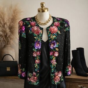 Vintage Lawrence Kazar Beaded Sequin Floral Jacket Black Silk Evening M